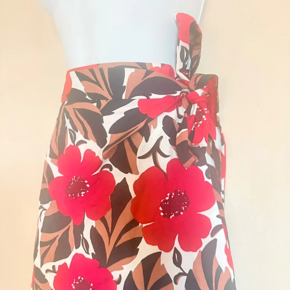 Kate Spade New York Red Floral Midi Wrap‎ Tie Skirt Poppy Fields Print A-Line 2